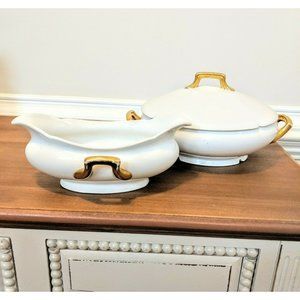 Antique Imperial PSL Alma Austria Gold Embossed Handle Vegetable Dish Gravy Boat